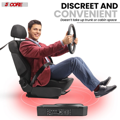 Start2Finish 10-inch slim under-seat car audio subwoofer with built-in amplifier and enclosure, showcasing the compact design and speaker cone.