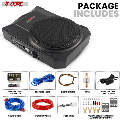 Start2Finish 10-inch slim under-seat car audio subwoofer with built-in amplifier and enclosure, 800W power output for enhanced bass.