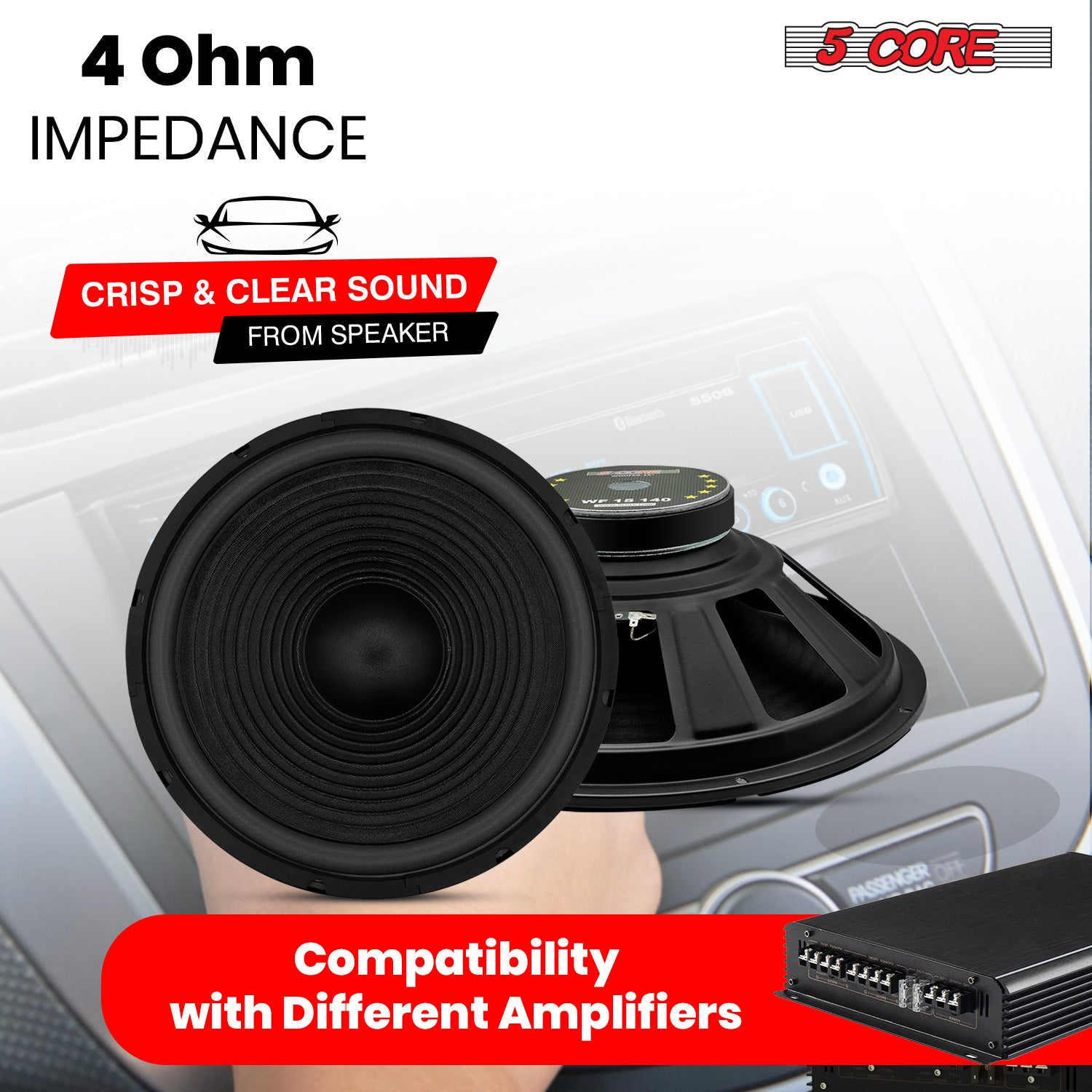 Start2Finish 15-inch automotive car woofer with deep bass, 450W power, 4 Ohm impedance, and sturdy loudspeaker design