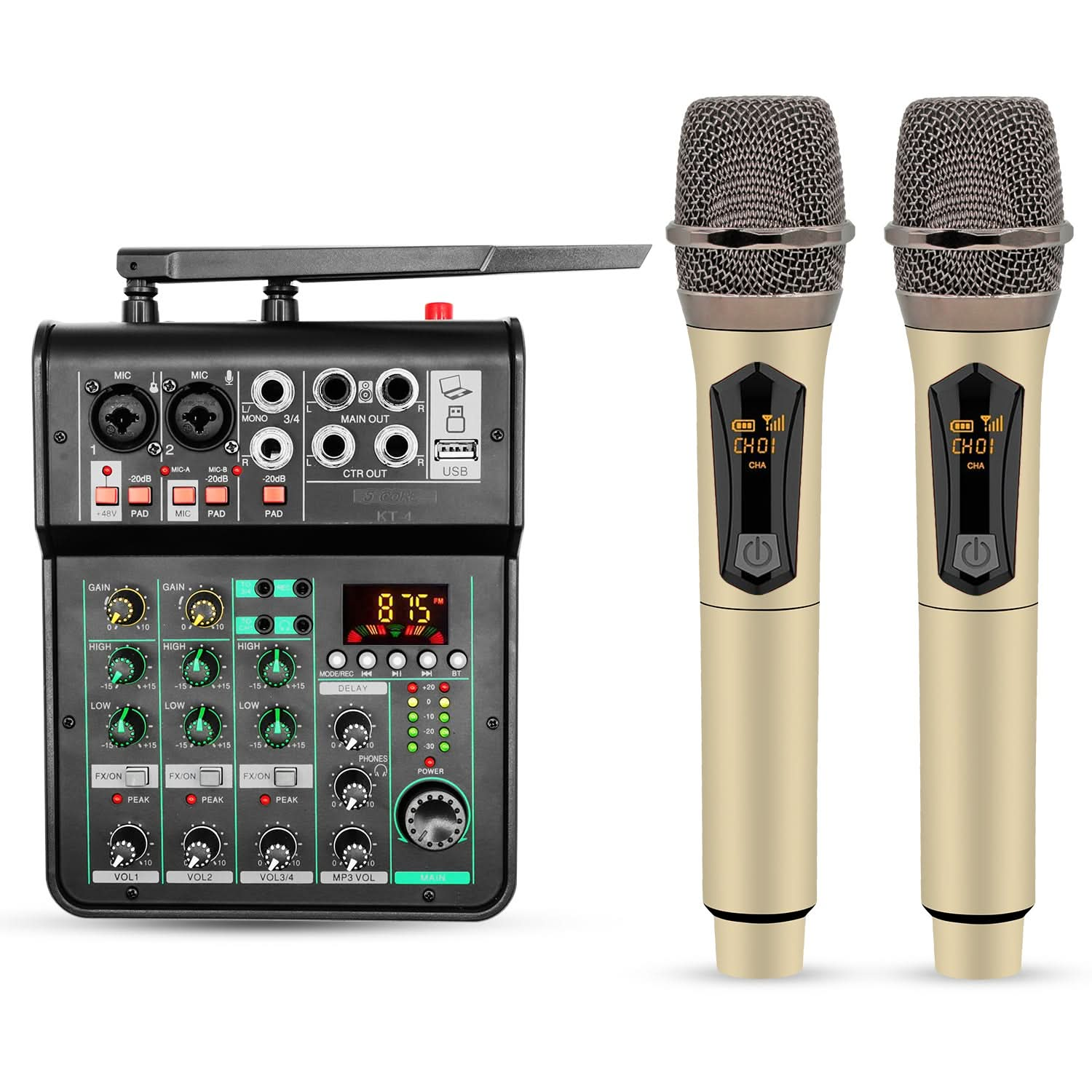 Start2Finish 5Core Audio Mixer with 4 channels, USB interface, Bluetooth, repeat delay, and +48V phantom power for DJ sound mixing.