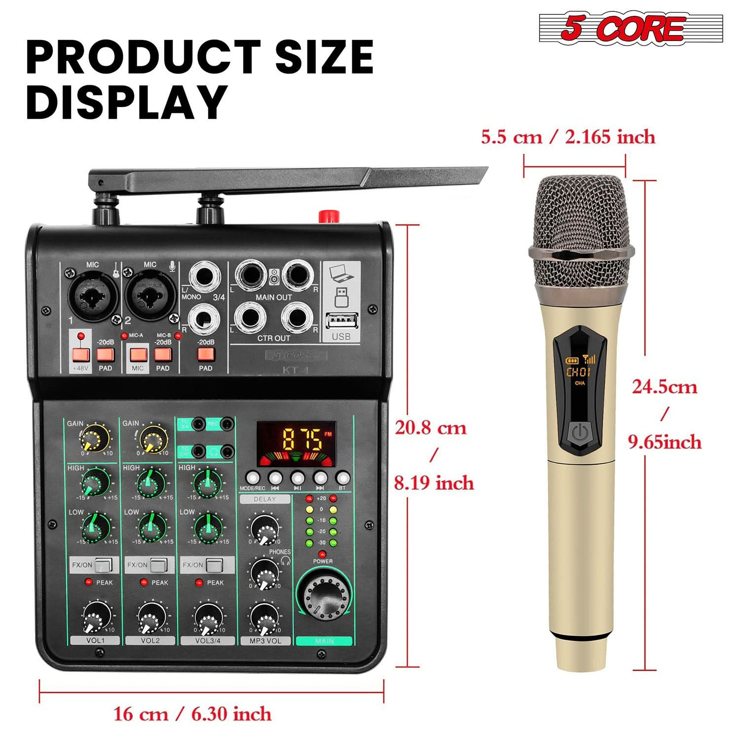 Start2Finish 5Core Audio Mixer with 4 channels, USB interface, Bluetooth, repeat delay, and +48V phantom power for musical instruments.