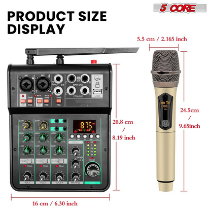 Start2Finish 5Core Audio Mixer with 4 channels, USB interface, Bluetooth, repeat delay, and +48V phantom power for musical instruments.