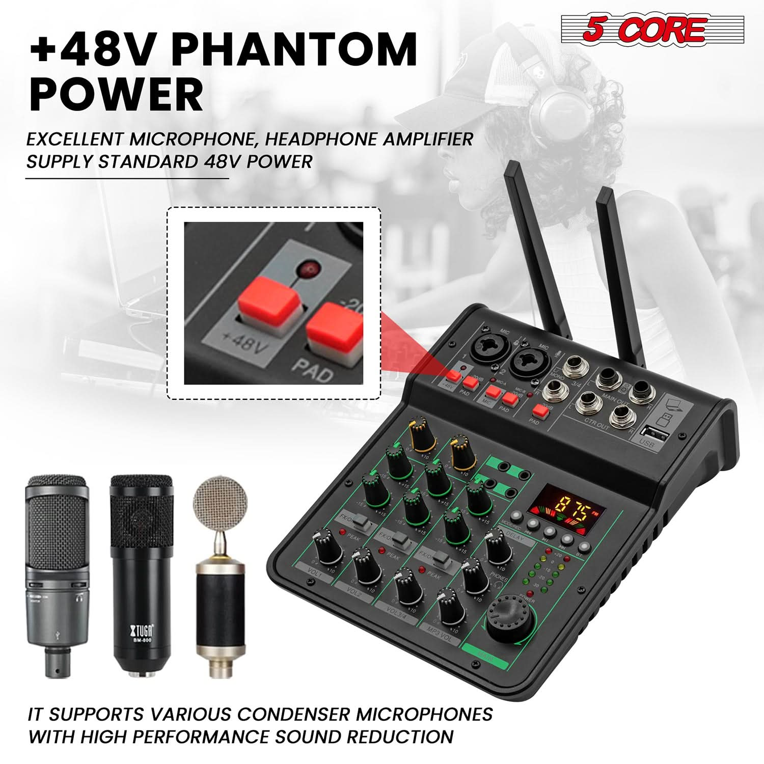 Start2Finish 5Core Audio Mixer with 4 channels, USB interface, Bluetooth, repeat delay, and +48V phantom power for musical instruments.