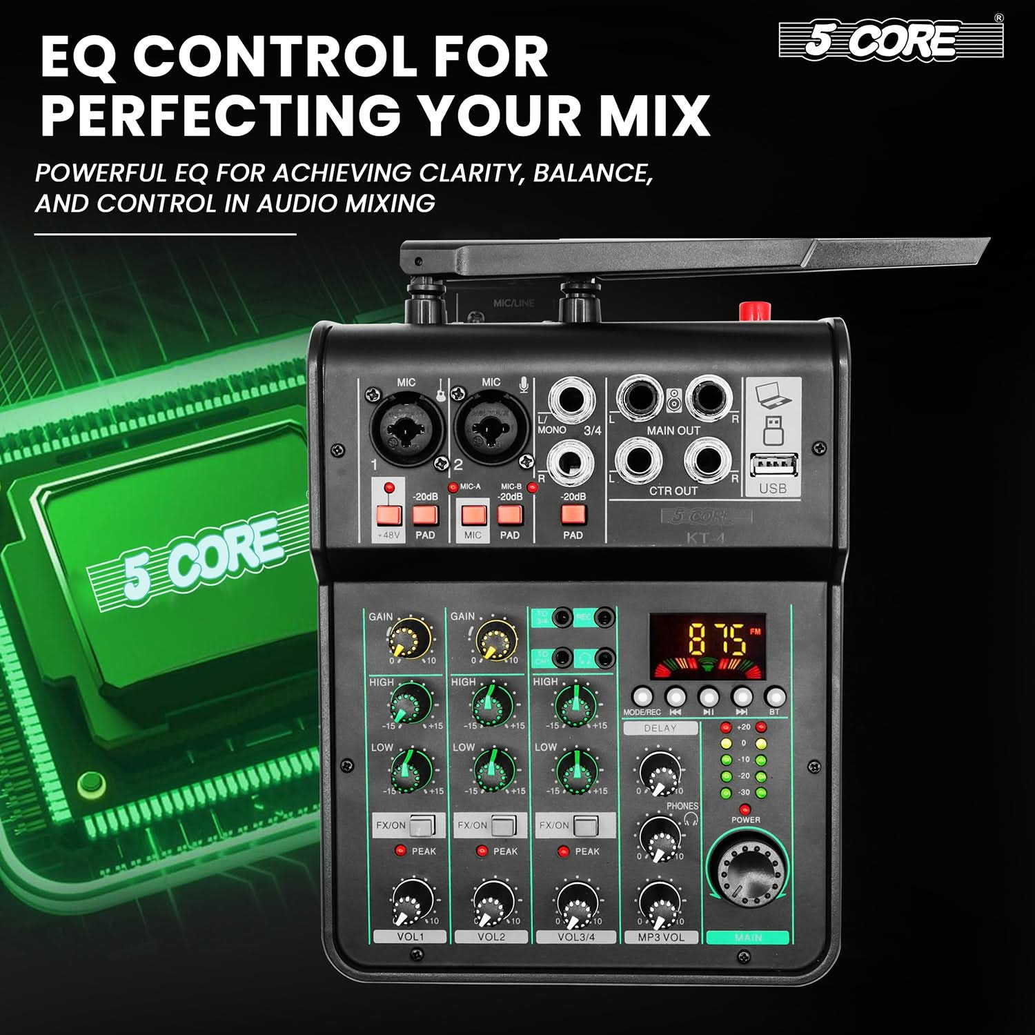 Start2Finish 5Core Audio Mixer with 4 channels, USB interface, Bluetooth, repeat delay, and +48V phantom power for musical instruments.