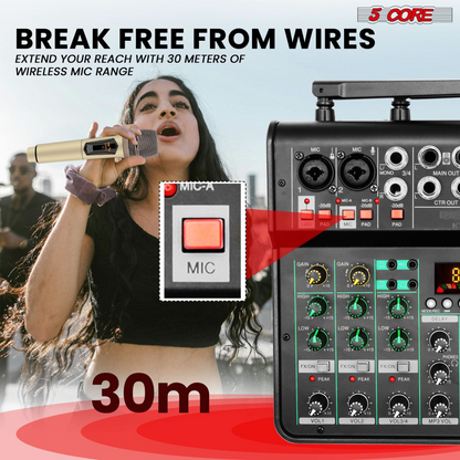Start2Finish 5Core Audio Mixer 4 Channel DJ soundboard with USB, Bluetooth, repeat delay, and +48V phantom power for musical instruments