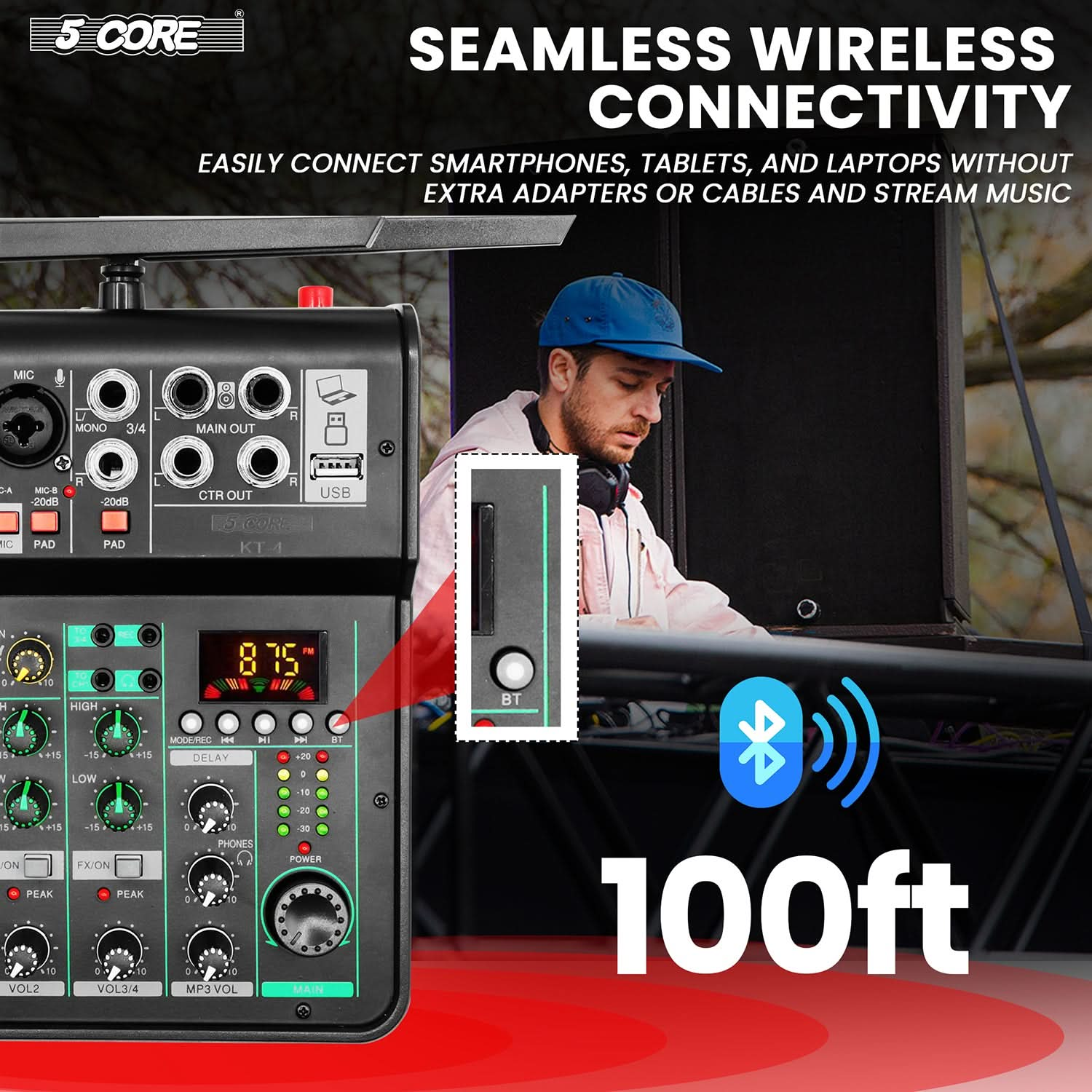Start2Finish 5Core Audio Mixer 4 Channel DJ soundboard with USB, Bluetooth, repeat delay, and +48V phantom power, professional mixing console