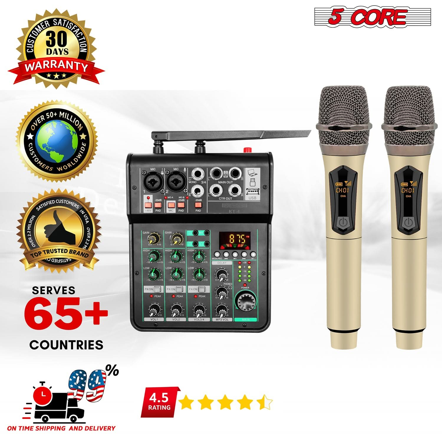 Start2Finish 5Core Audio Mixer with 4 channels, USB interface, Bluetooth, repeat delay, and +48V phantom power for DJ and music mixing