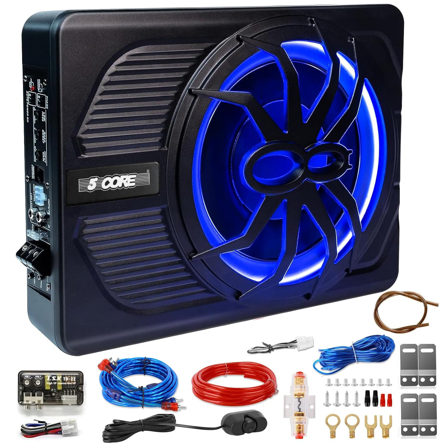 Start2Finish 10-inch slim automotive subwoofer with built-in amplifier, LED light, 800W power, designed for under-seat car audio systems.