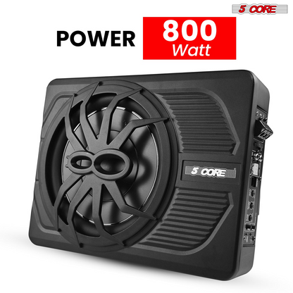 Start2Finish 10-inch slim automotive subwoofer with built-in amplifier, LED light, 800W power, designed for under-seat car audio systems.