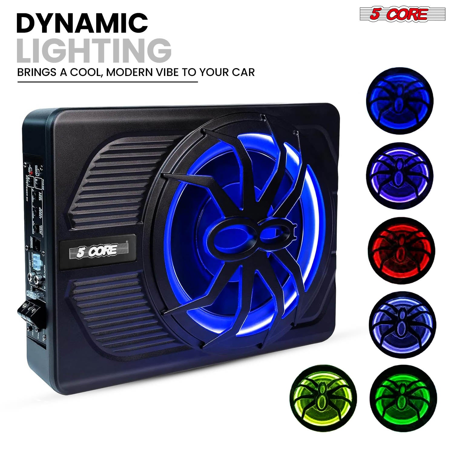 Start2Finish 10-inch slim automotive subwoofer with built-in amplifier, LED light, 800W power, designed for under-seat car audio systems.