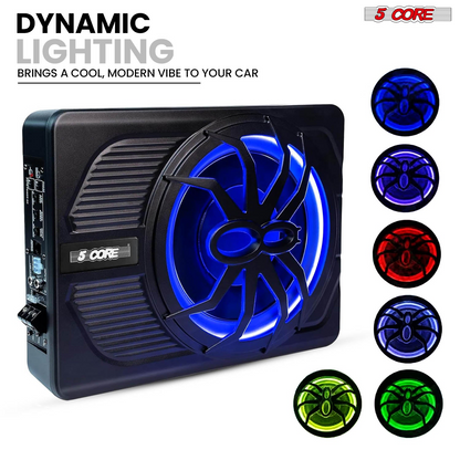 Start2Finish 10-inch slim automotive subwoofer with built-in amplifier, LED light, 800W power, designed for under-seat car audio systems.