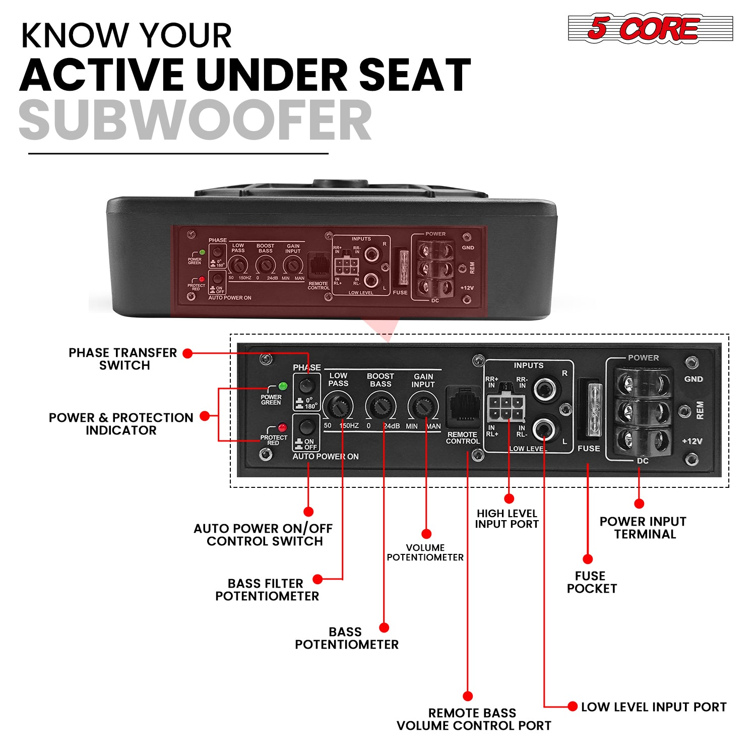 Start2Finish 10-inch Slim Under Seat Car Audio Subwoofer with 800W built-in amplifier and LED light, designed for automotive sound enhancement.