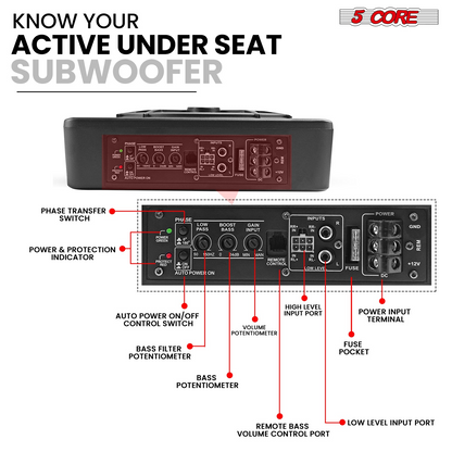 Start2Finish 10-inch Slim Under Seat Car Audio Subwoofer with 800W built-in amplifier and LED light, designed for automotive sound enhancement.