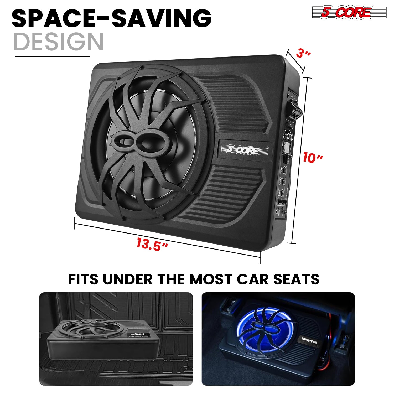 Start2Finish 10-inch slim under-seat car audio subwoofer with built-in amplifier, LED light, and 800W power for enhanced bass.