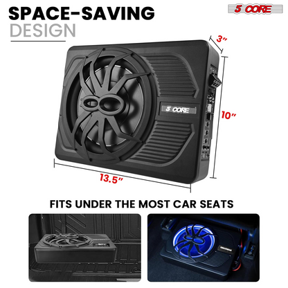 Start2Finish 10-inch slim under-seat car audio subwoofer with built-in amplifier, LED light, and 800W power for enhanced bass.