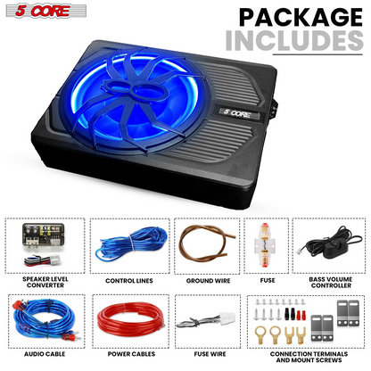 Start2Finish 5Core 10-inch slim car audio subwoofer with built-in amplifier, LED light, 800W power for enhanced bass performance.