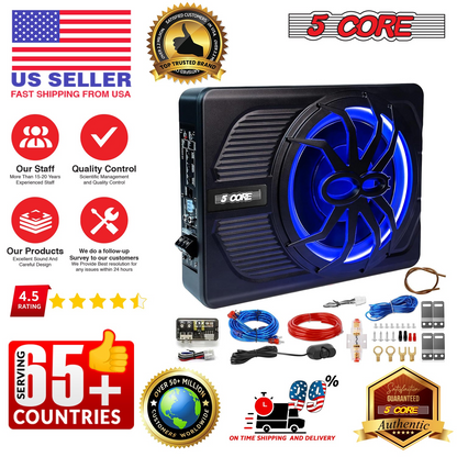 Start2Finish 10-inch slim under-seat car audio subwoofer with built-in amplifier, LED light, 800W power, designed for automotive use.