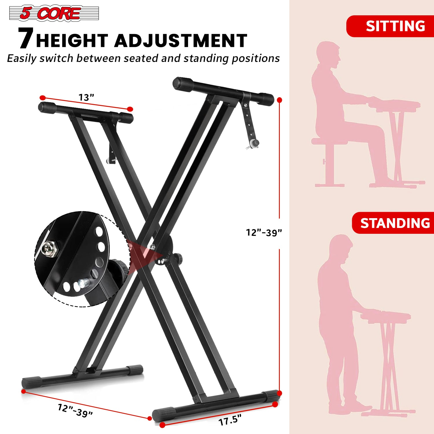 Start2Finish 5-core keyboard stand with dual X-shape design, adjustable and foldable portable stand for musical instruments and controllers.
