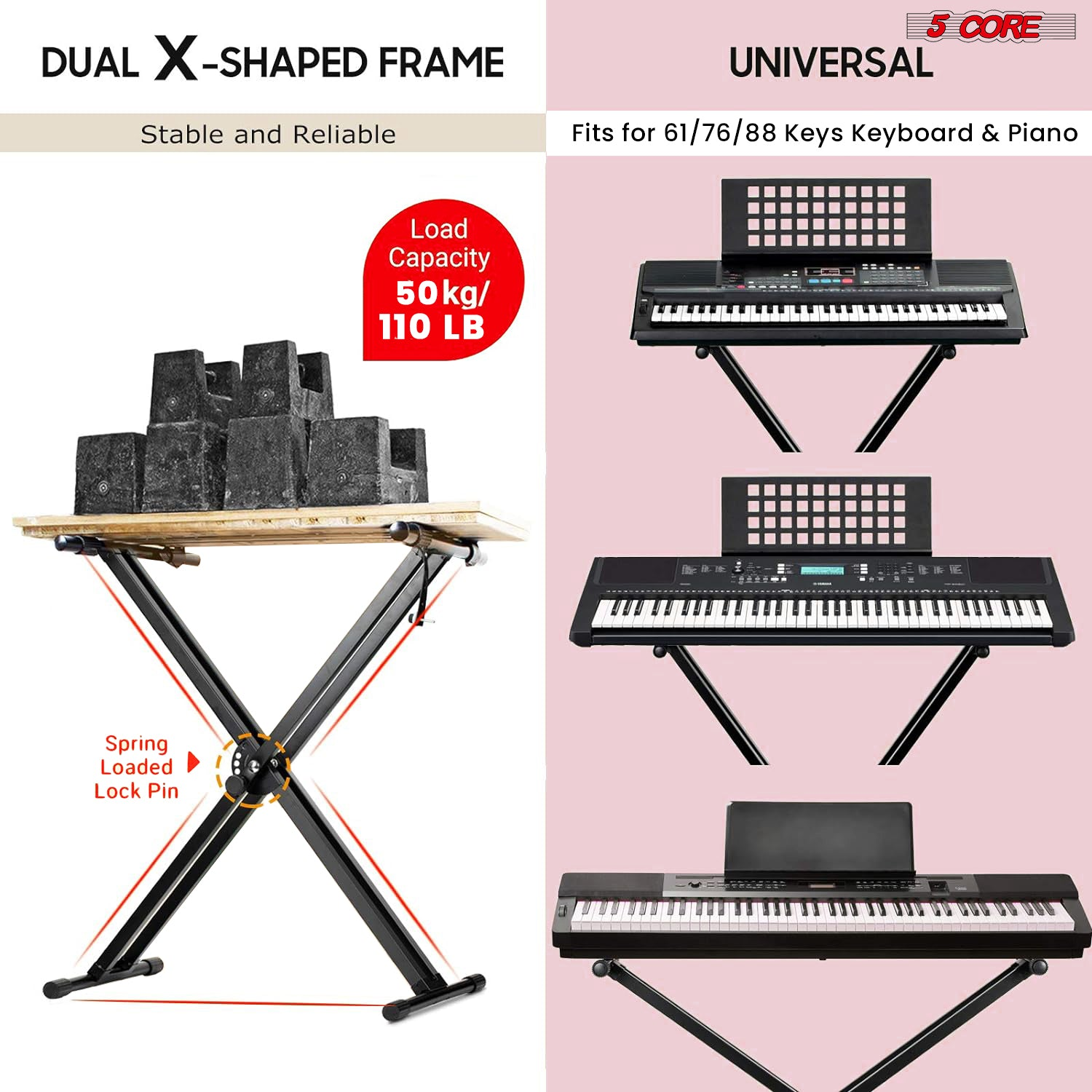 Start2Finish 5-core keyboard stand with dual X-shape design, adjustable and foldable portable stand for musical instruments and DJ controllers.