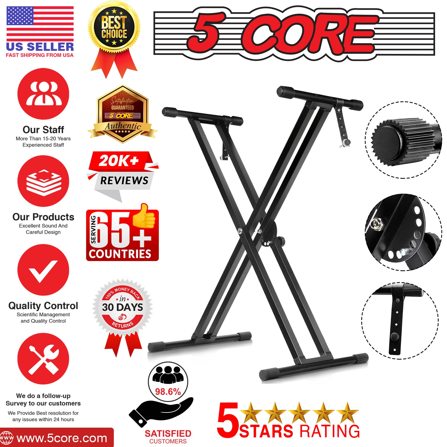 Start2Finish 5 Core keyboard stand with dual X-shape, adjustable, foldable, portable for DJ controllers and musical instruments.