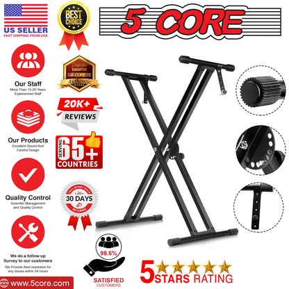 Start2Finish 5 Core keyboard stand with dual X-shape, adjustable, foldable, portable for DJ controllers and musical instruments.