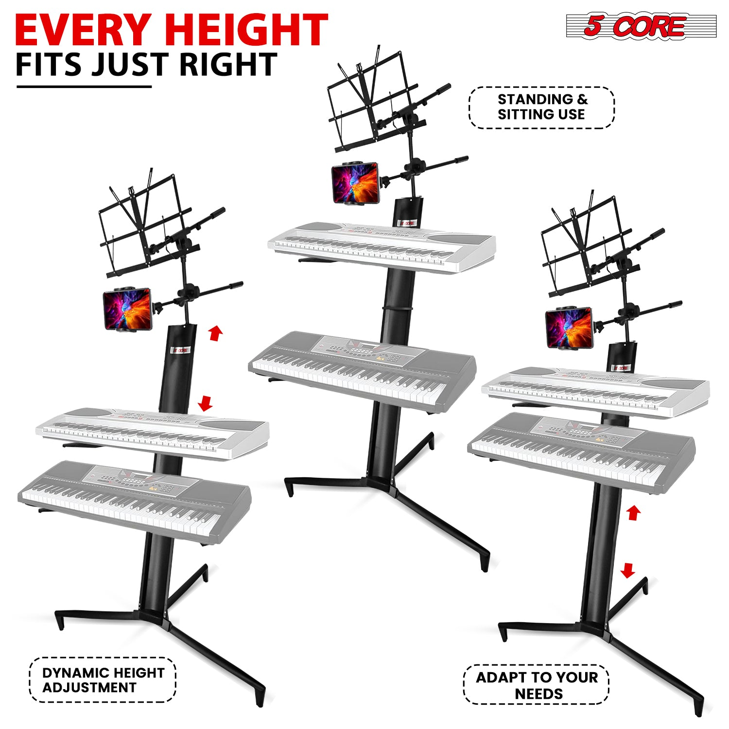Start2Finish 5 Core double-tier keyboard stand for 61, 76, 88-key keyboards, made of heavy-duty aluminum with adjustable height