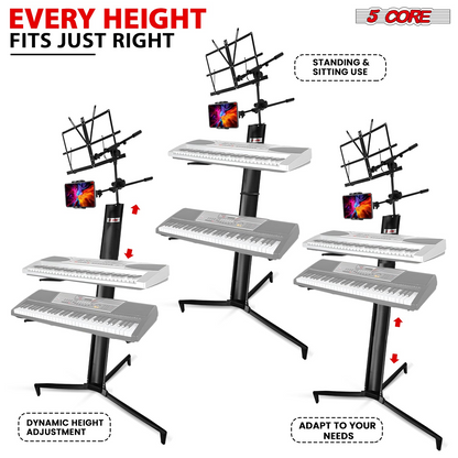 Start2Finish 5 Core double-tier keyboard stand for 61, 76, 88-key keyboards, made of heavy-duty aluminum with adjustable height
