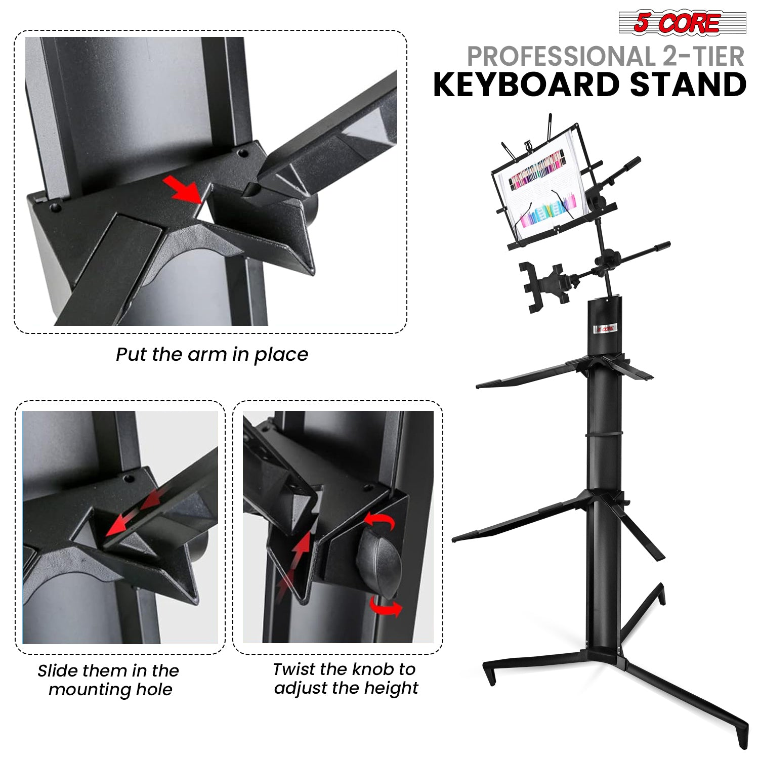 Start2Finish 5 core keyboard stand with two tiers, heavy-duty aluminum frame, suitable for 61, 76, and 88 key musical keyboards.