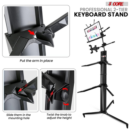 Start2Finish 5 core keyboard stand with two tiers, heavy-duty aluminum frame, suitable for 61, 76, and 88 key musical keyboards.