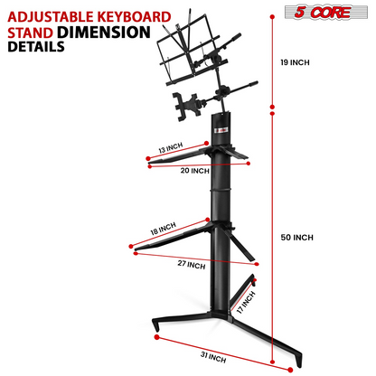Start2Finish 5 Core keyboard stand with 2-tier aluminum column for 61, 76, and 88 key keyboards, heavy-duty music instrument stand