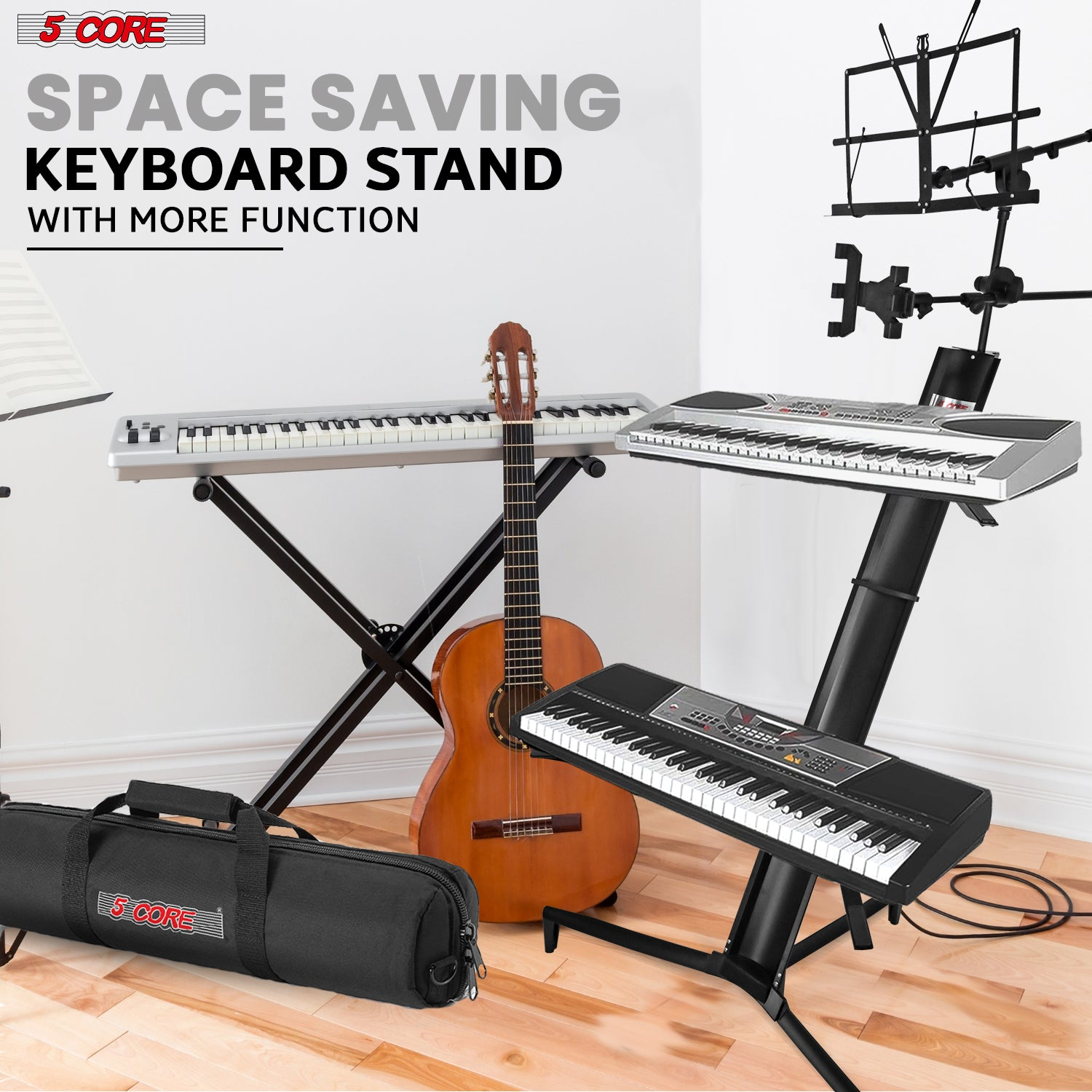 Start2Finish 5 Core keyboard stand with two tiers, heavy-duty aluminum frame for 61, 76, or 88 key musical keyboards.