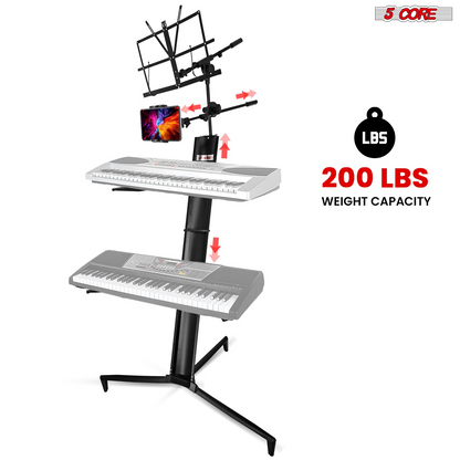 Start2Finish 5 Core keyboard stand, 2-tier aluminum column for 61/76/88 key keyboards, heavy-duty musical instrument stand