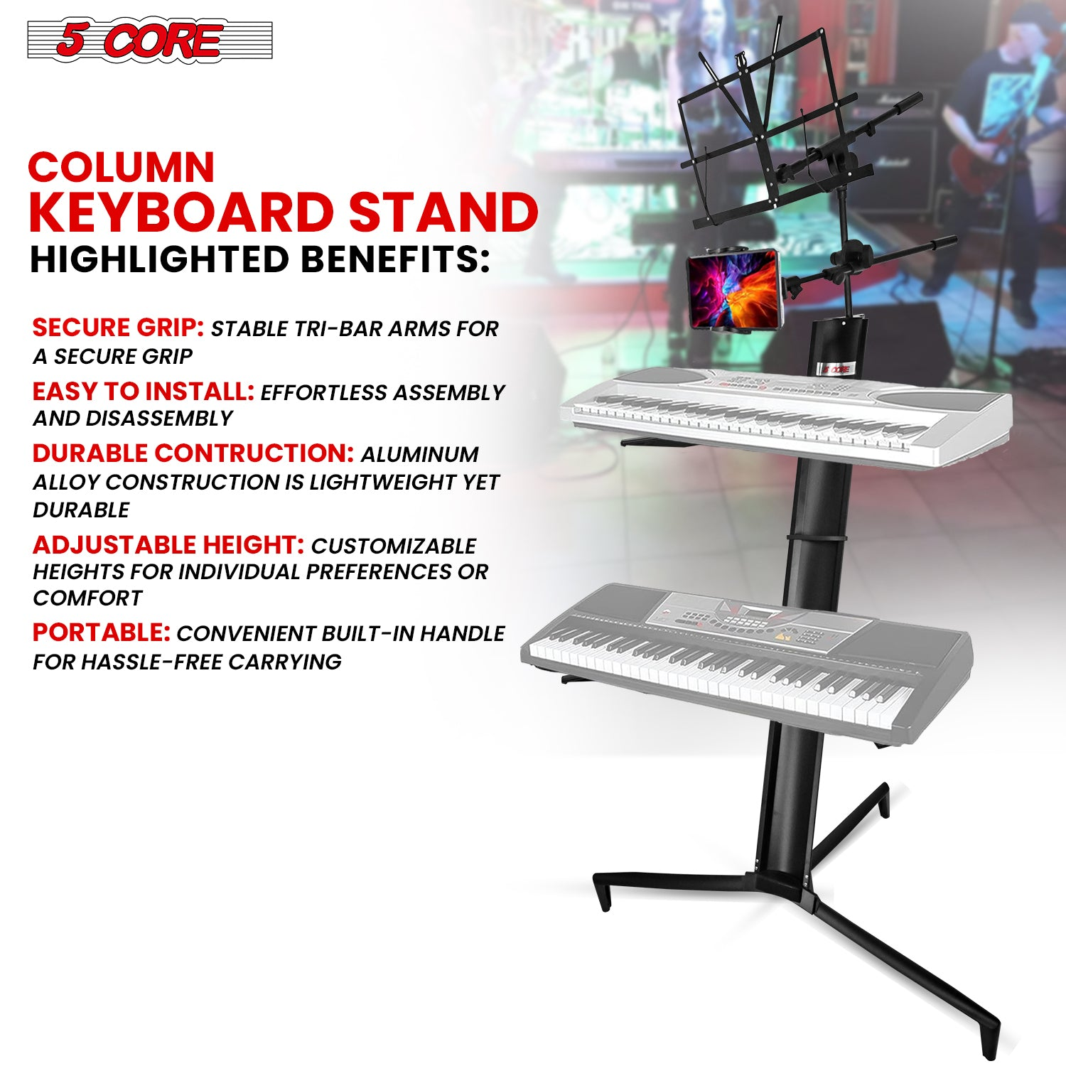 Start2Finish 5 Core Keyboard Stand, 2-tier heavy-duty aluminum frame for 61, 76, and 88-key musical keyboards.