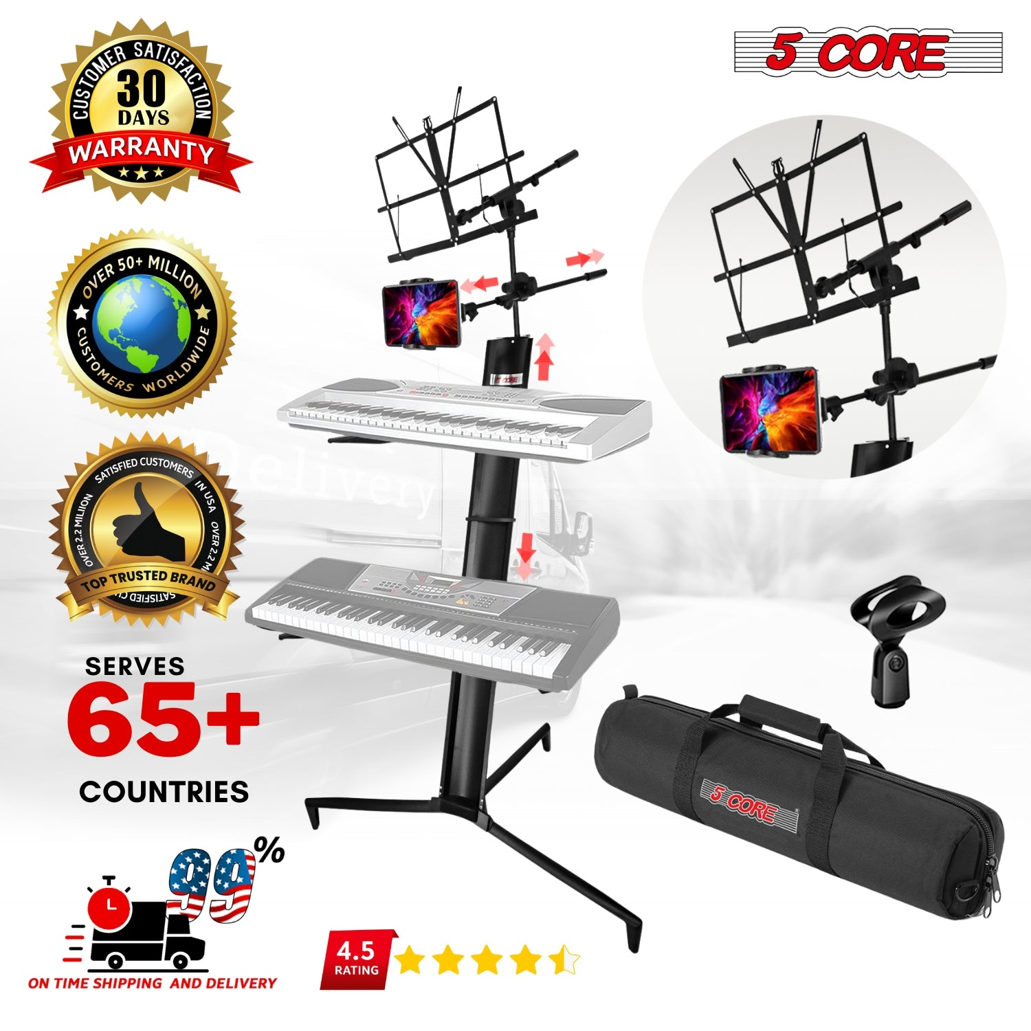 Start2Finish 5 Core 2-tier keyboard stand for 61, 76, 88 keys, heavy-duty aluminum construction, suitable for musical instruments.