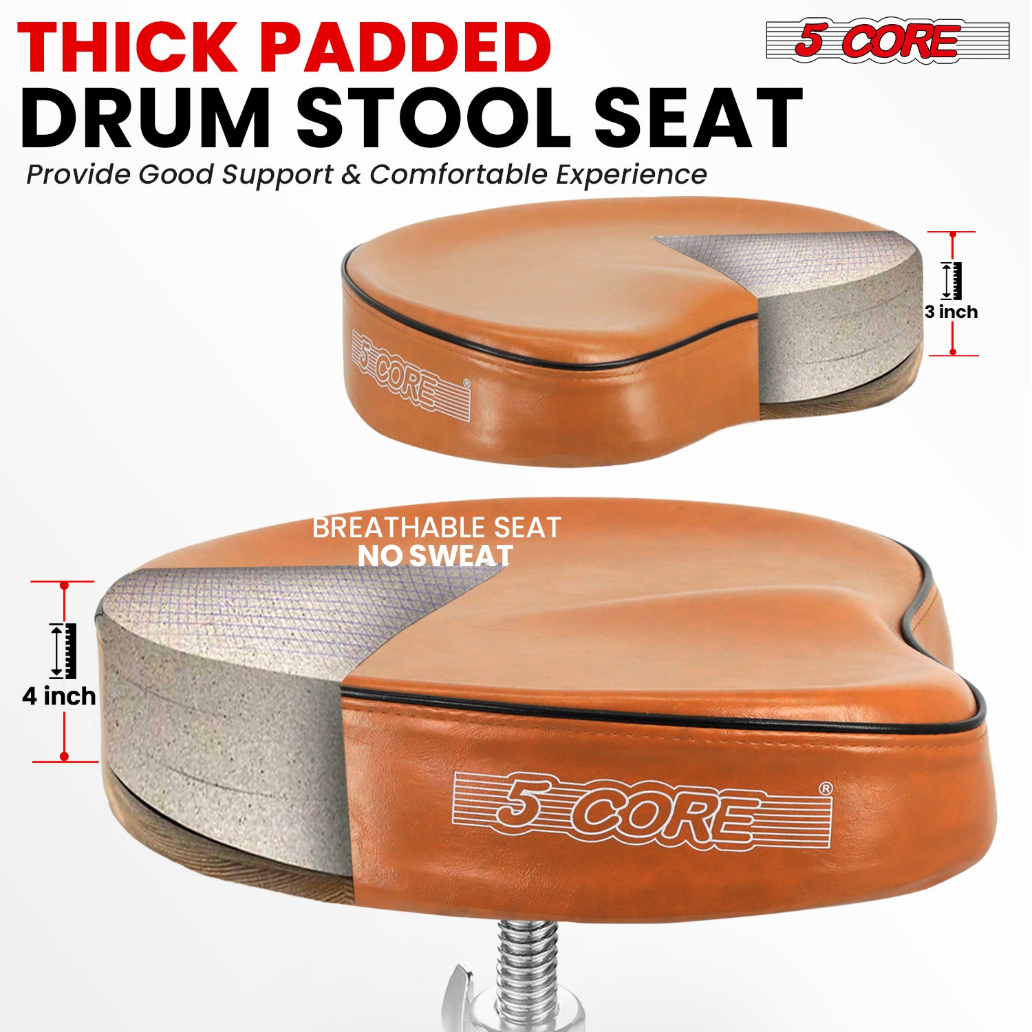 Start2Finish 5 Core Drum Throne with 4-inch padded saddle seat, heavy-duty adjustable drumming chair for musicians.