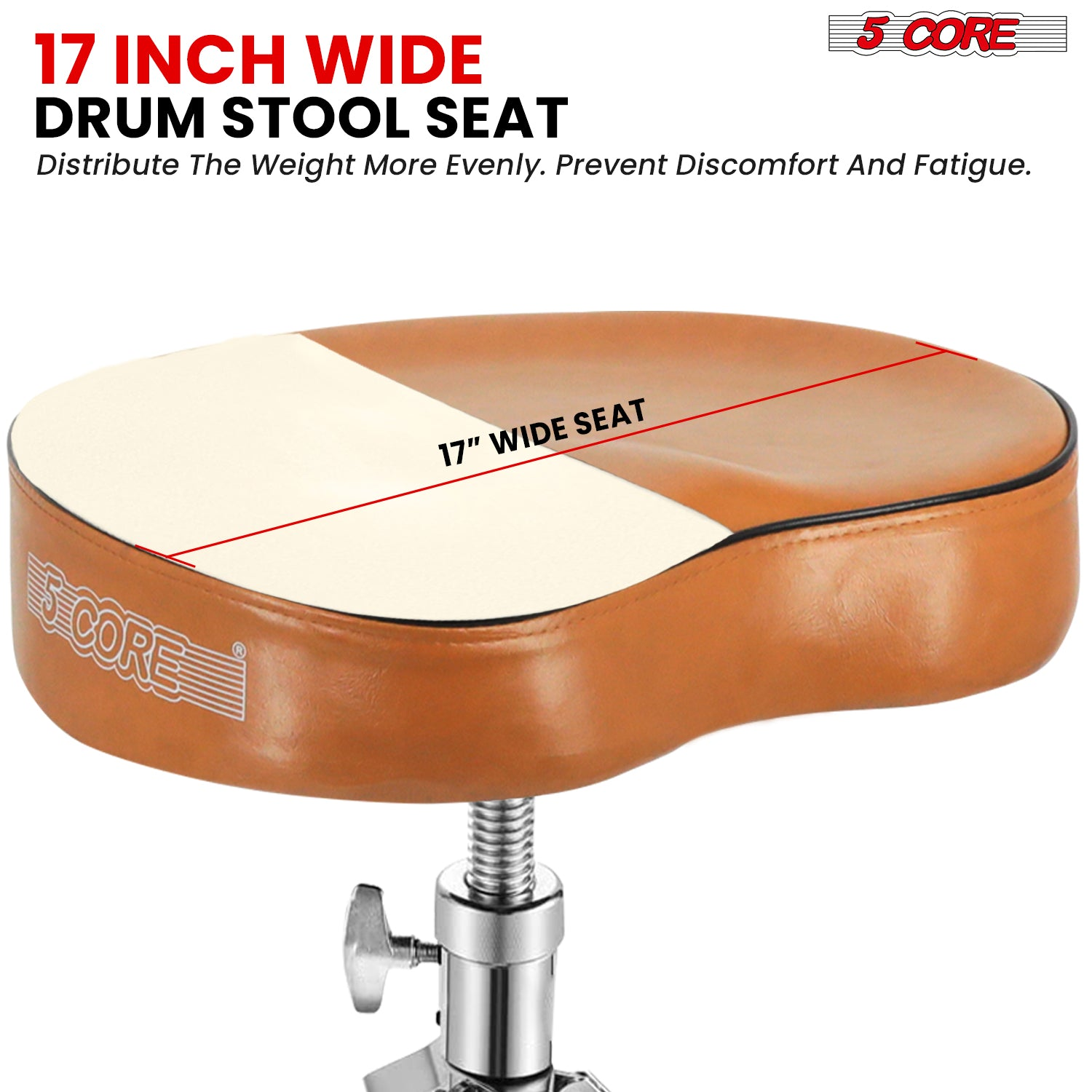 Start2Finish 5 Core Drum Throne with 4-inch padded saddle seat and heavy-duty adjustable height for comfortable drumming.