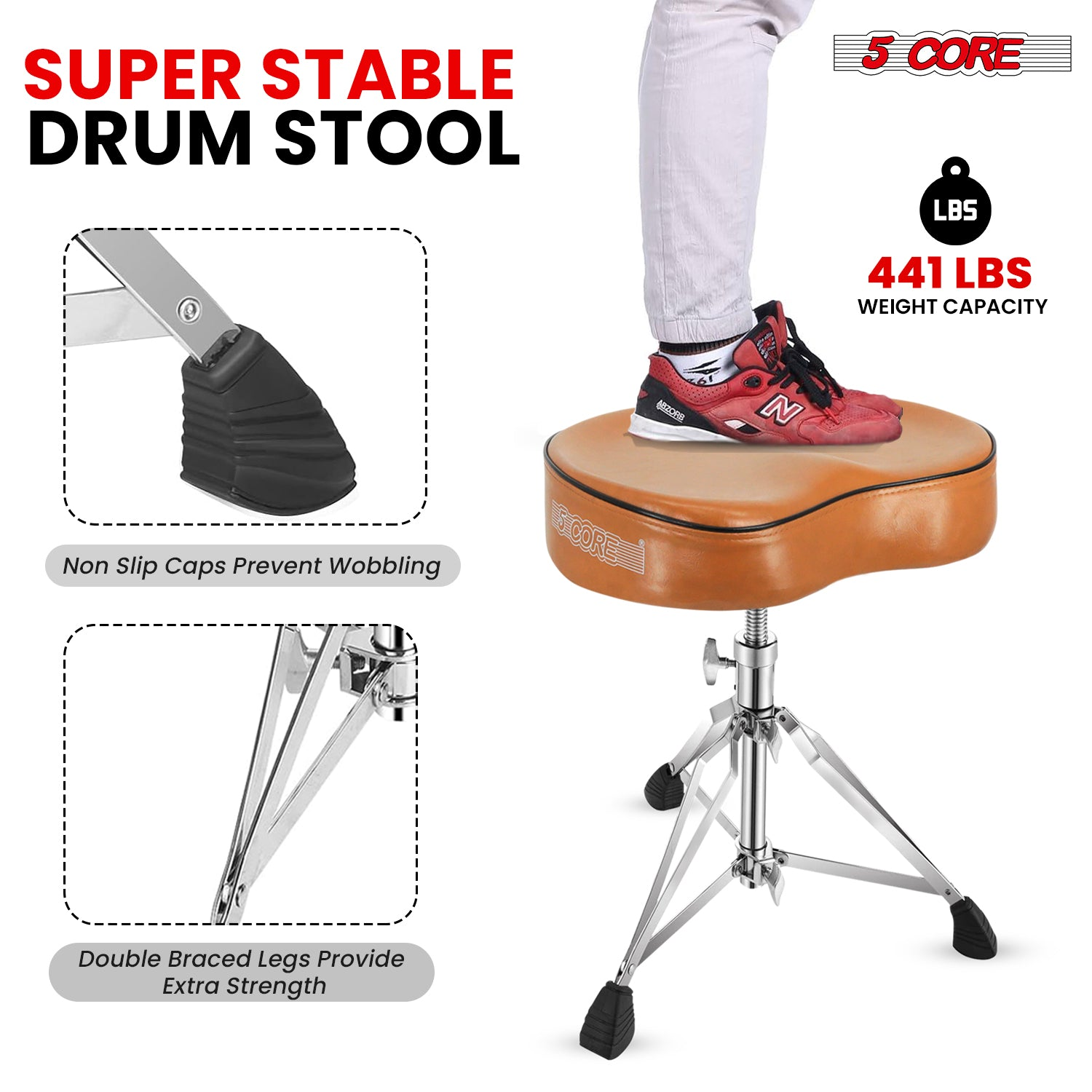 Start2Finish 5 Core Drum Throne with 4-inch padded saddle seat and adjustable height for comfortable drumming sessions.