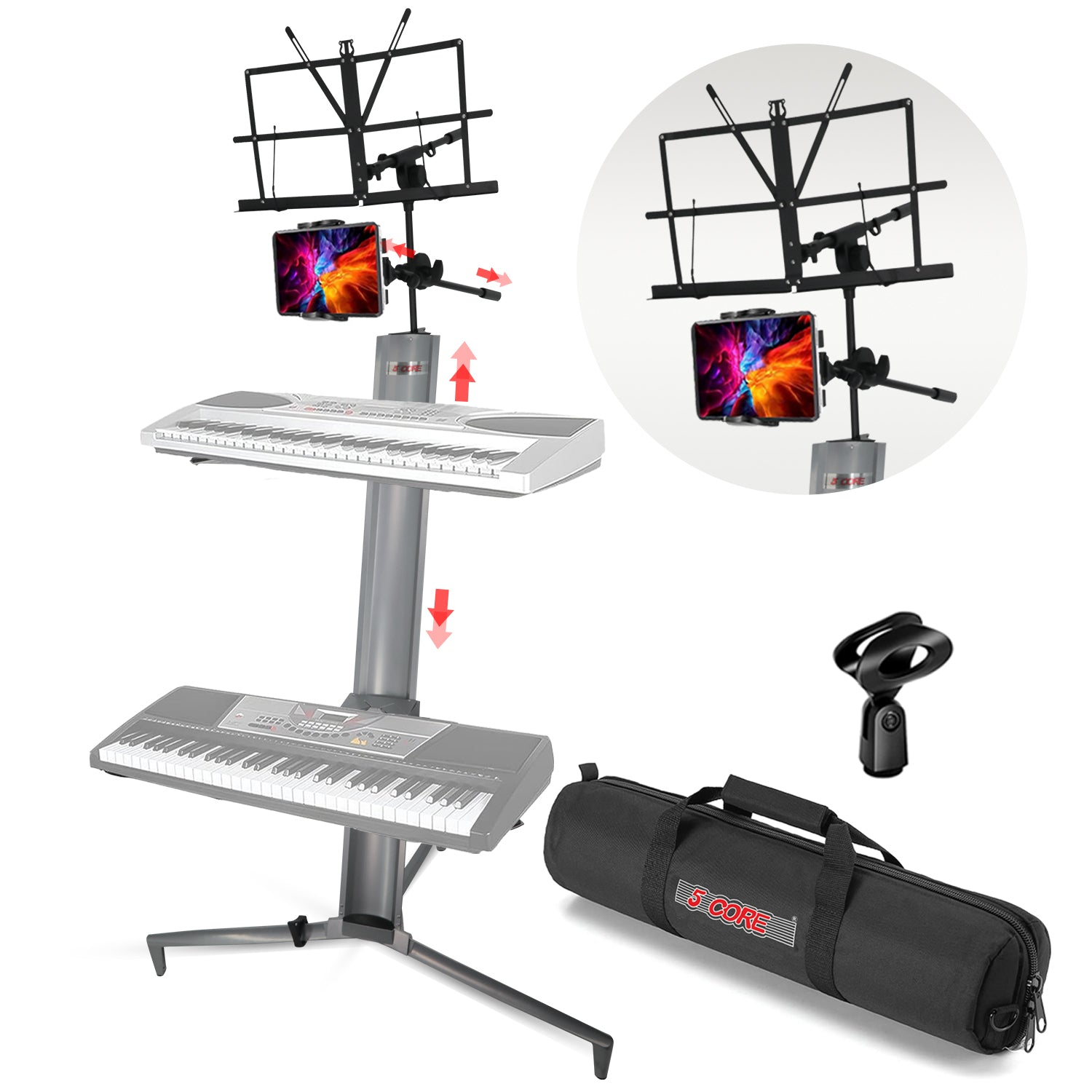 Start2Finish 5 Core keyboard stand, 2-tier aluminum column for 61, 76, or 88 key digital pianos, heavy-duty musical instrument stand