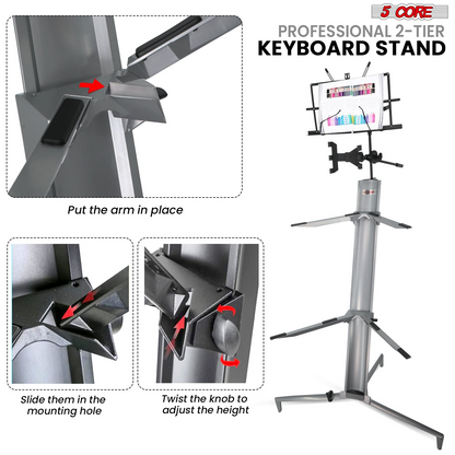 Start2Finish 5 Core 2-Tier Keyboard Stand for 61, 76, 88-key keyboards, heavy-duty aluminum construction for musical instruments.