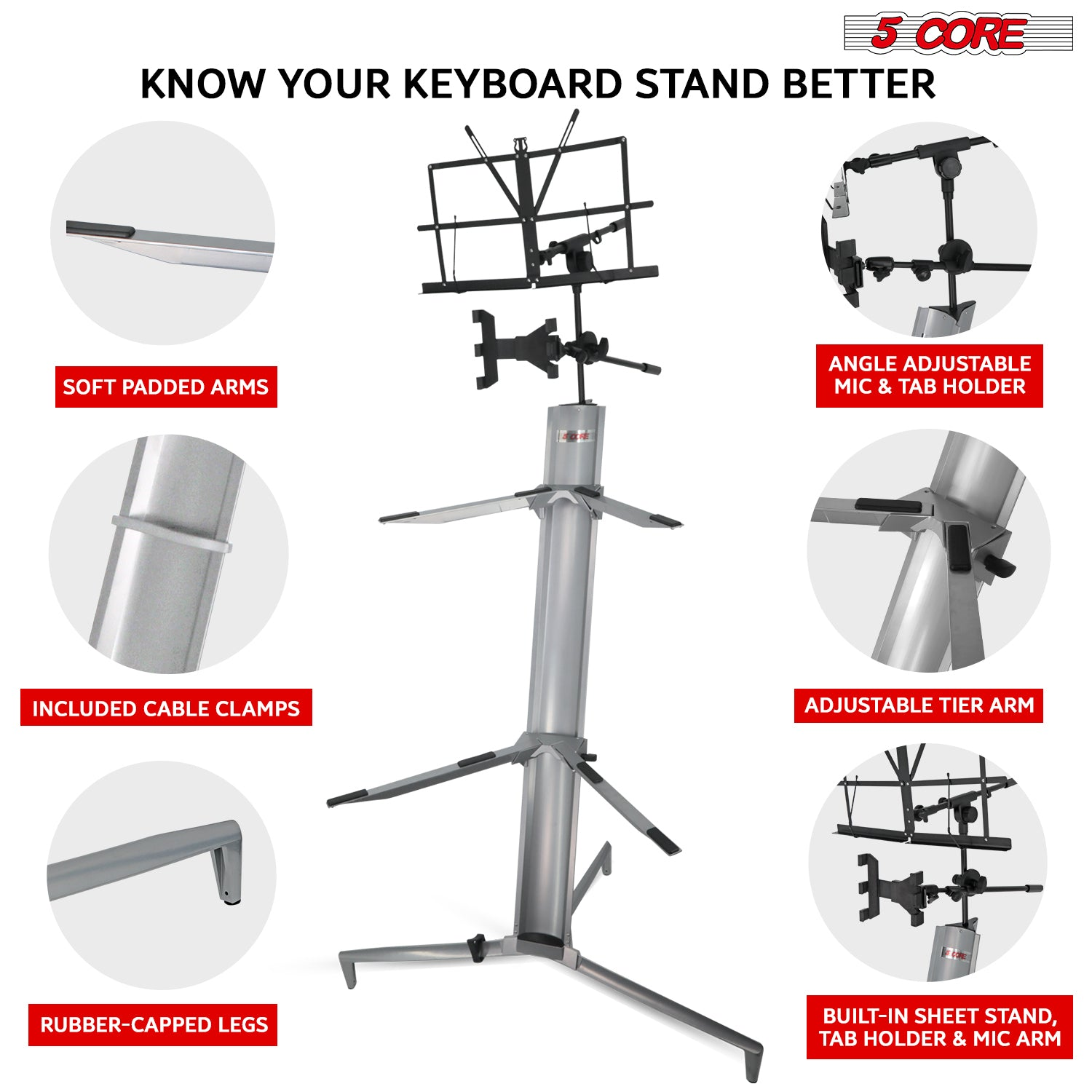 Start2Finish 5 Core keyboard stand with 2 tiers for 61, 76, 88-key keyboards, heavy-duty aluminum, musical instrument accessory
