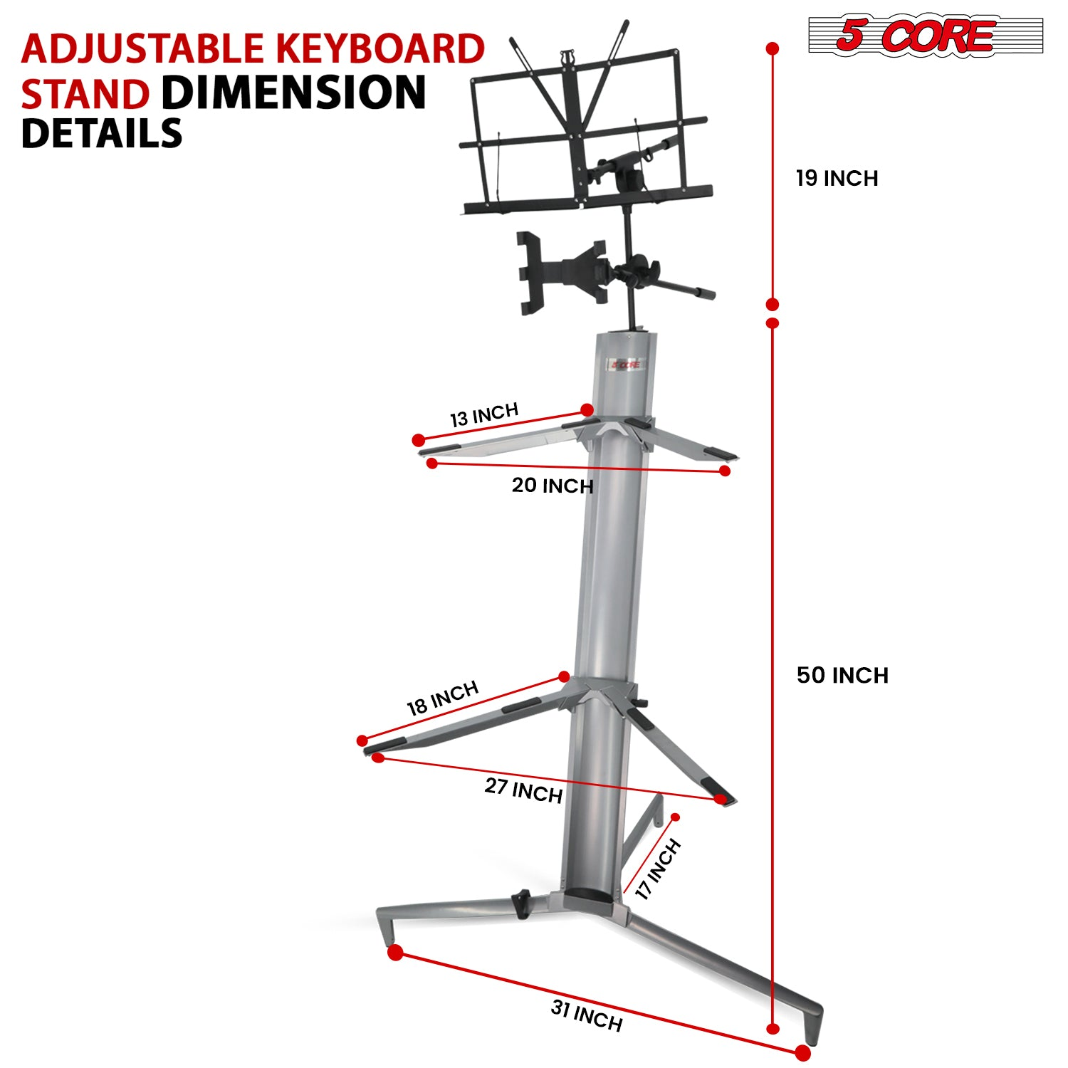 Start2Finish 5-core keyboard stand with 2-tier aluminum construction for 61, 76, or 88-key musical instruments, heavy-duty and sturdy.