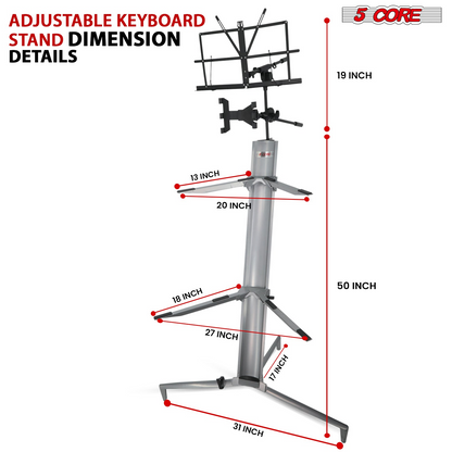 Start2Finish 5-core keyboard stand with 2-tier aluminum construction for 61, 76, or 88-key musical instruments, heavy-duty and sturdy.