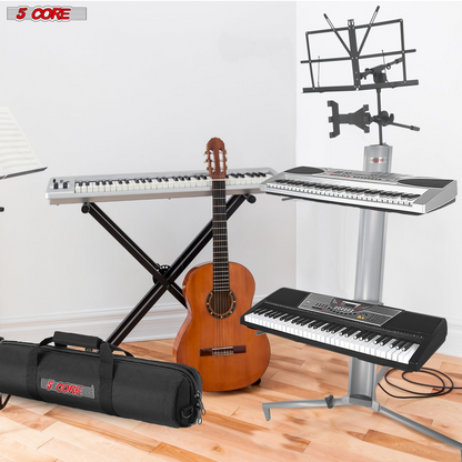 Start2Finish 5 Core keyboard stand with two tiers for 61, 76, or 88-key keyboards, featuring heavy-duty aluminum construction.