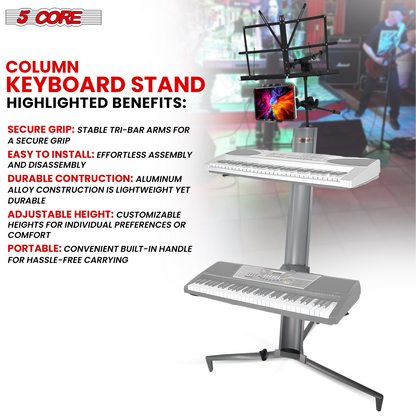 Start2Finish 5 Core Keyboard Stand, 2-tier heavy-duty aluminum frame for 61, 76, or 88-key musical keyboards.