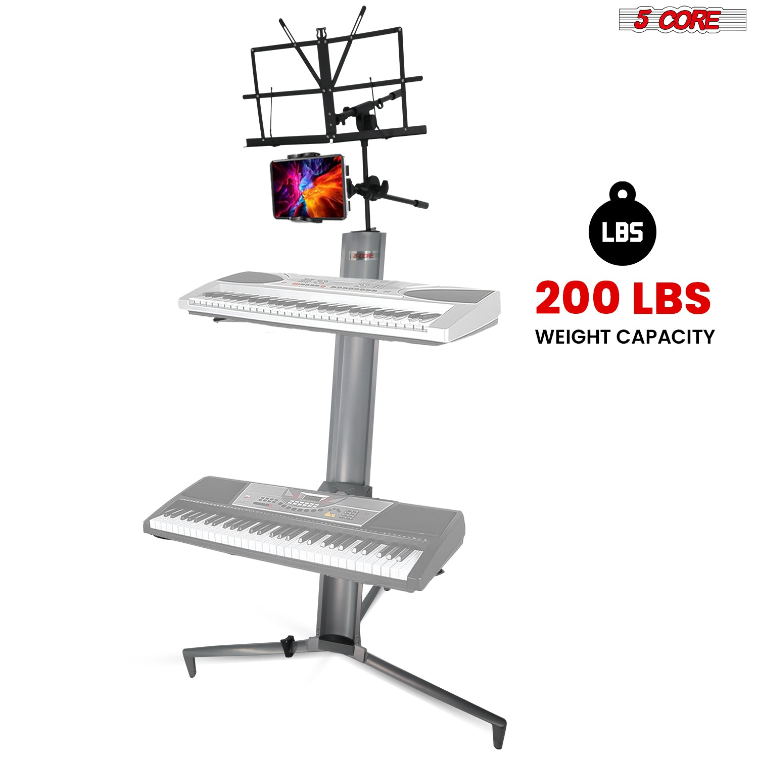 Start2Finish 5-core keyboard stand with two tiers, heavy-duty aluminum, suitable for 61, 76, or 88-key musical keyboards.