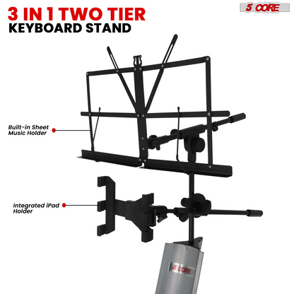 Start2Finish 5 Core keyboard stand with two tiers for 61, 76, or 88-key keyboards, made of durable aluminum for musical instruments.