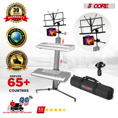 Start2Finish 5 Core keyboard stand with two tiers, heavy-duty aluminum frame for 61, 76, or 88-key musical keyboard setup