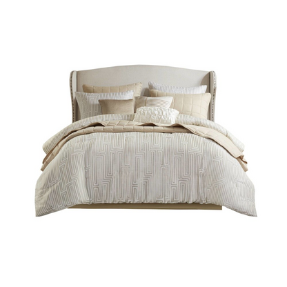 Ivory Royce luxury jacquard comforter set with matching pillow shams, featuring intricate woven patterns, from Start2Finish.