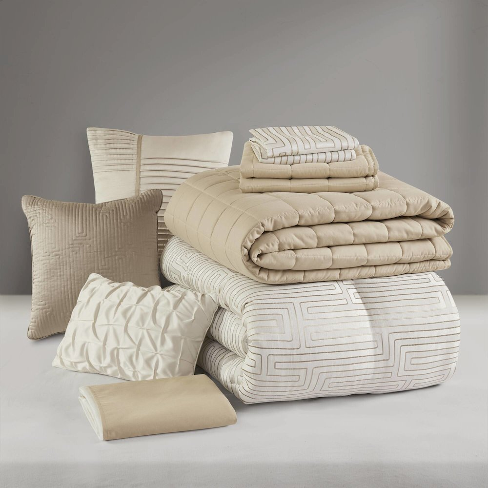 Start2Finish Royce 10-piece luxury jacquard comforter set in ivory, featuring intricate woven patterns and matching pillow shams.