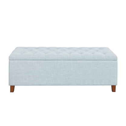 Light blue Shandra tufted upholstered storage bench by Start2Finish, showcasing a padded top and storage compartment.